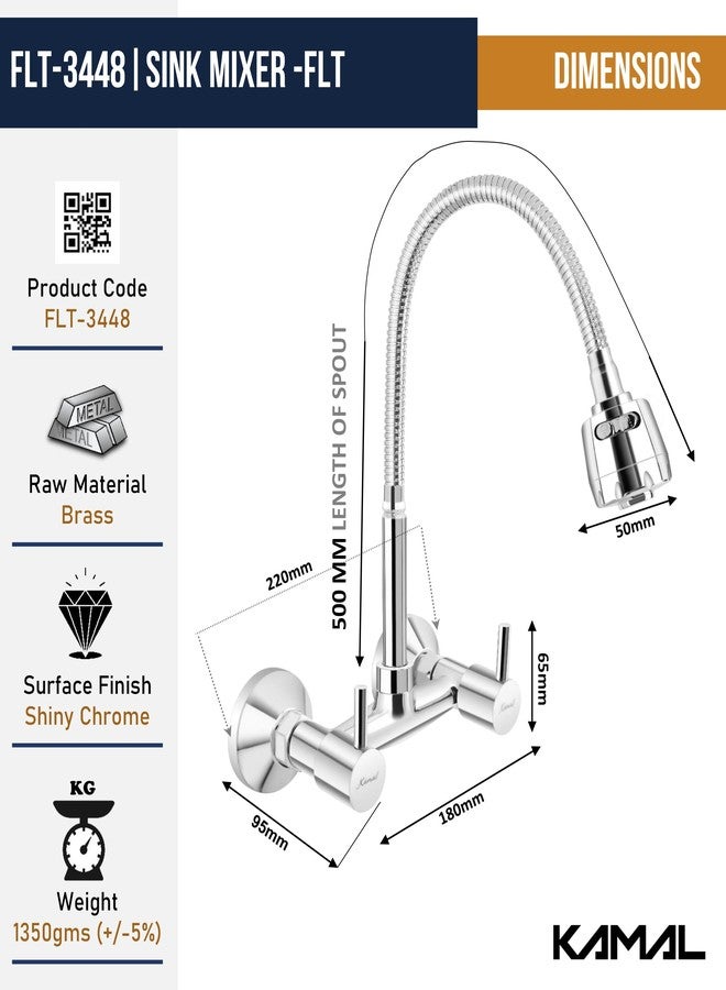 KAMAL Brass Sink Mixer FLT (Hot & Cold Mixer) Two Knobs | Fully Flexible SS 304 Spout with Dual Flow Switch | Shiny Chrome Finish - Silver - Image 5